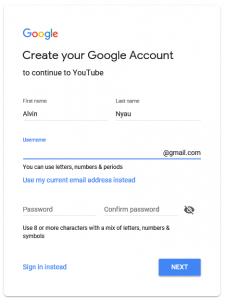 Creating youtube account using Google account